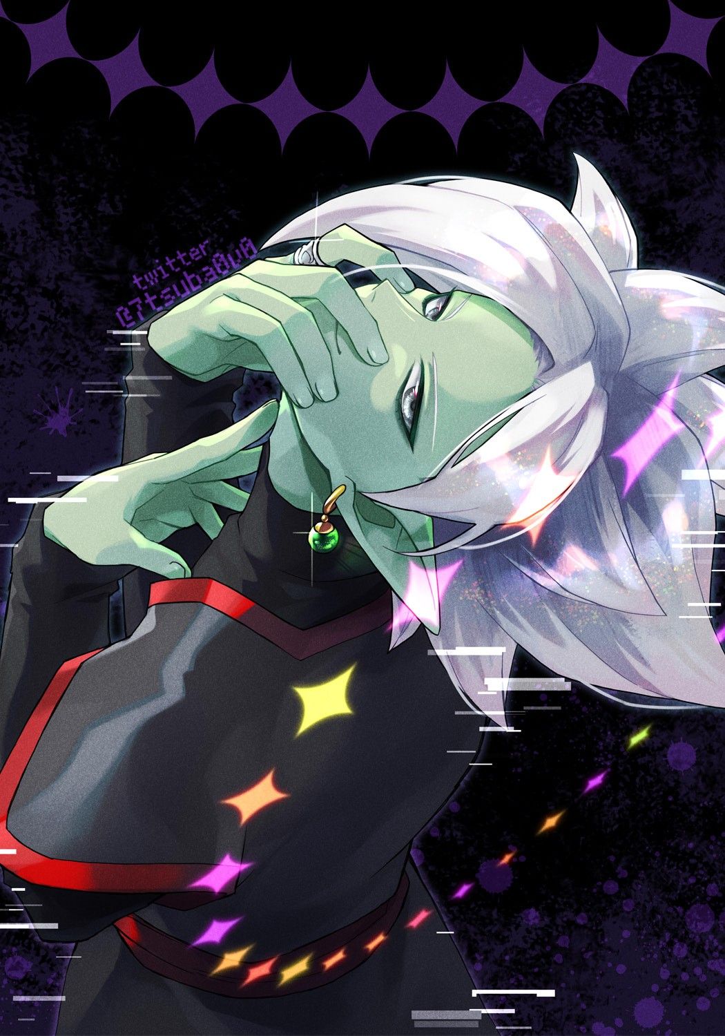 1boy, black_shirt, coat, colored_skin, covering_own_mouth, dragon_ball, dragon_ball_super, earrings