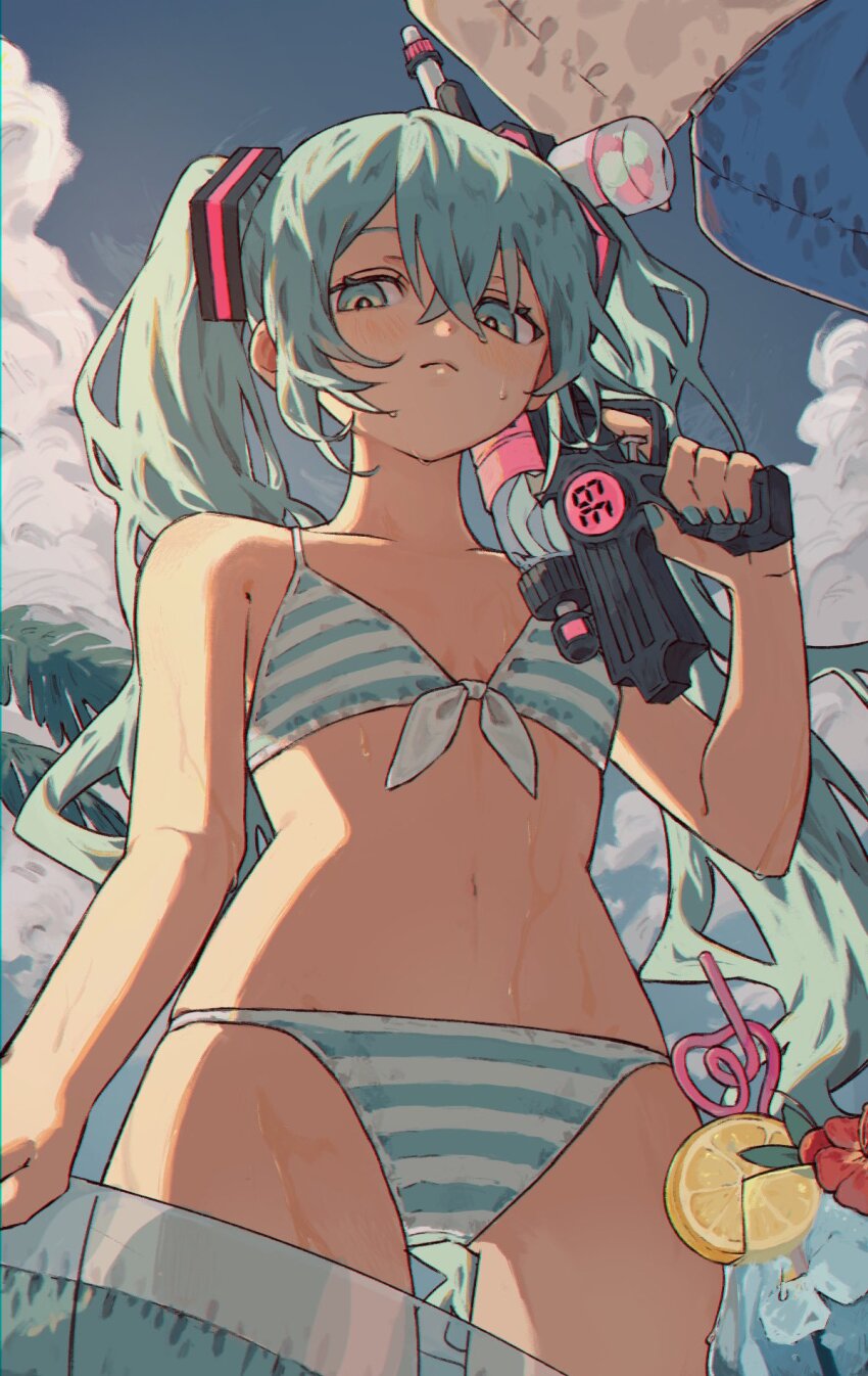 1girl, 39, aqua_bikini, aqua_eyes, aqua_hair, aqua_nails, bikini, breasts, closed_mouth, cloud, cup, drinking_glass, drinking_straw, expressionless, food, fruit, hair_ornament, hatsune_miku, hatsune_miku_(swimwear), highres, holding, lemon, lemon_slice, long_hair, looking_at_viewer, navel, palm_leaf, small_breasts, solo, striped_bikini, striped_clothes, swimsuit, tomoja_rs, twintails, vocaloid, water_gun, wet