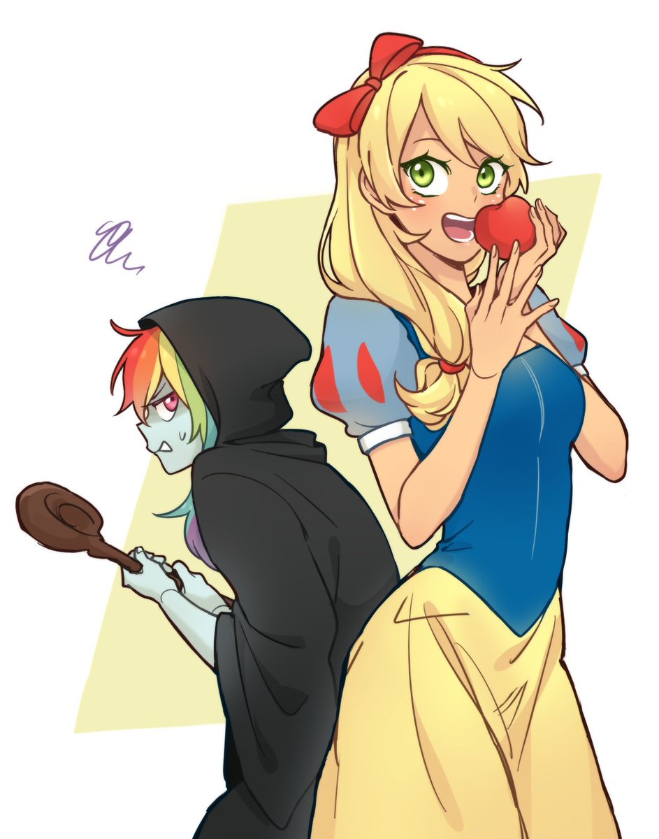 2girls, apple, applejack, applejack_(equestria_girls), blonde_hair, blue_skin, blush, border, bow, breasts, cloak, colored_skin, commentary, cosplay, dcon_34, dress, eating, english_commentary, food, fruit, green_eyes, hair_bow, highres, holding, holding_food, hood, hood_up, long_hair, multicolored_hair, multiple_girls, my_little_pony, my_little_pony:_equestria_girls, my_little_pony:_friendship_is_magic, open_mouth, orange_skin, personification, queen_grimhilde, queen_grimhilde_(cosplay), rainbow_dash, rainbow_dash_(equestria_girls), rainbow_hair, simple_background, snow_white_(disney), snow_white_(disney)_(cosplay), snow_white_and_the_seven_dwarfs_(disney), white_border, yellow_background