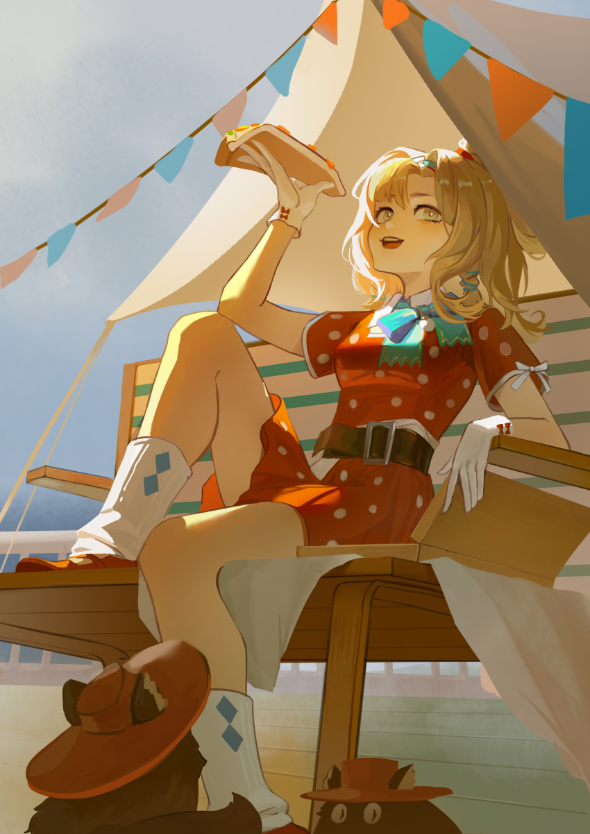 1girl, :d, absurdres, belt, blonde_hair, blue_bow, blue_bowtie, blue_eyes, blue_sky, bow, bowtie, brown_belt, carbuncle_(reverse:1999), chair, dress, feet_on_chair, food, foot_out_of_frame, from_below, gloves, hand_up, hat, highres, holding, holding_food, holding_pizza, knee_up, looking_to_the_side, loose_socks, matilda_bouanich, matilda_bouanich_(the_great_taste_investigator), medium_hair, official_alternate_costume, on_bench, one_side_up, open_mouth, outdoors, pizza, pizza_box, pizza_hut, pizza_slice, polka_dot, polka_dot_dress, qingyi_jiang, red_dress, red_footwear, red_hat, reverse:1999, short_dress, short_sleeves, sidelighting, sitting, sky, smile, socks, solo, string_of_flags, tent, white_gloves, white_socks