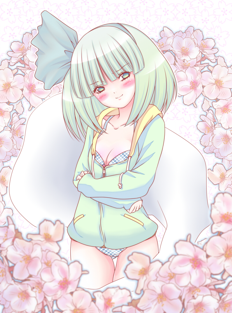 1girl, alternate_costume, asuka_asuka, blush, bra, breasts, cherry_blossoms, cleavage, collarbone, contemporary, crossed_arms, female_focus, floral_background, flower, ghost, green_eyes, hairband, head_tilt, hood, hoodie, konpaku_youmu, konpaku_youmu_(ghost), lingerie, long_sleeves, looking_at_viewer, no_pants, panties, short_hair, silver_hair, smile, solo, standing, thigh_gap, touhou, underwear