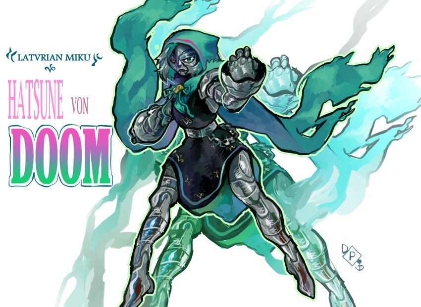 1girl, absurdres, armor, cape, cosplay, crossover, doctor_doom, drizzlingprince