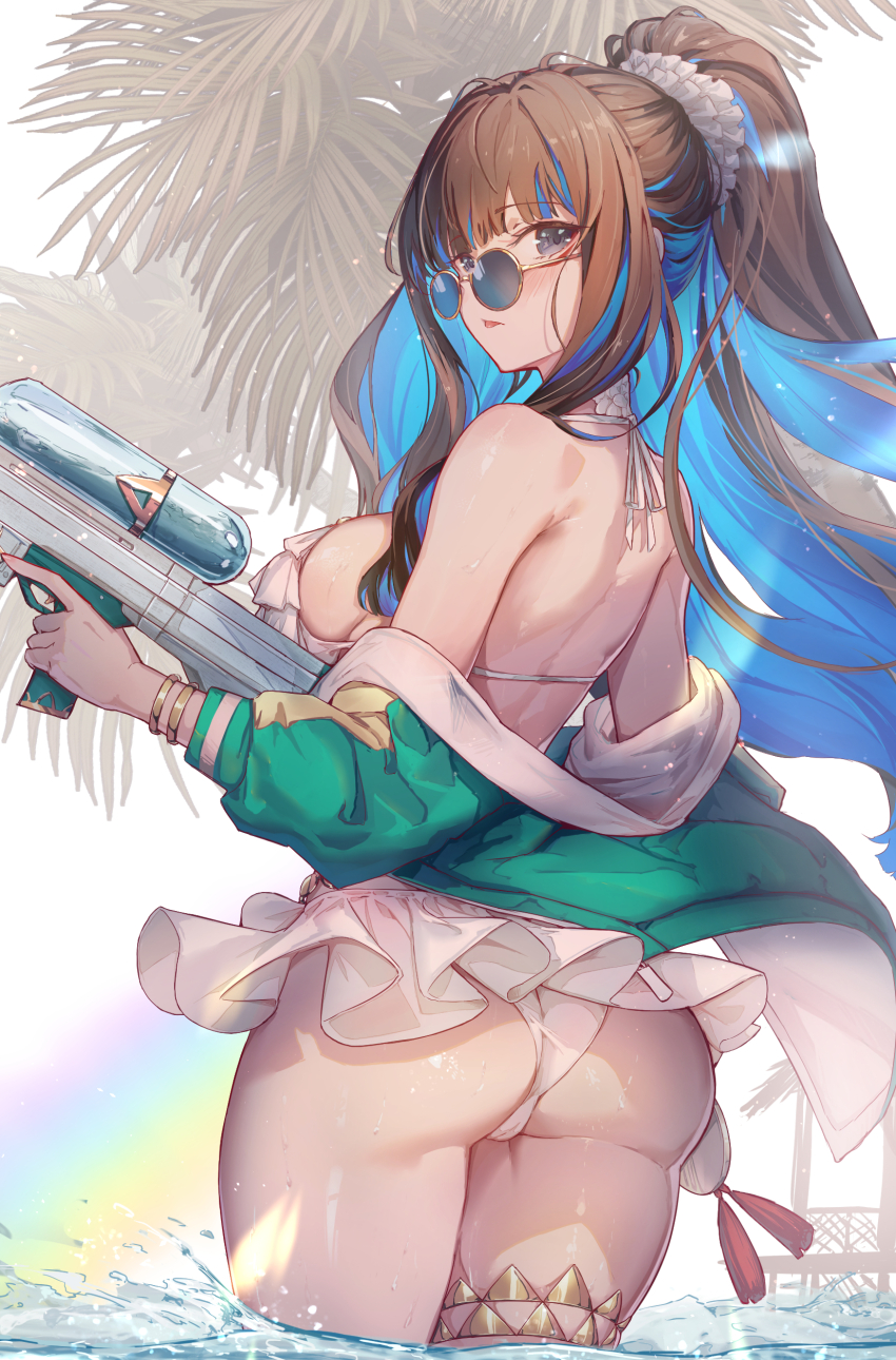 1girl, absurdres, ass, back, bare_shoulders, beach, black_hair, blue_hair