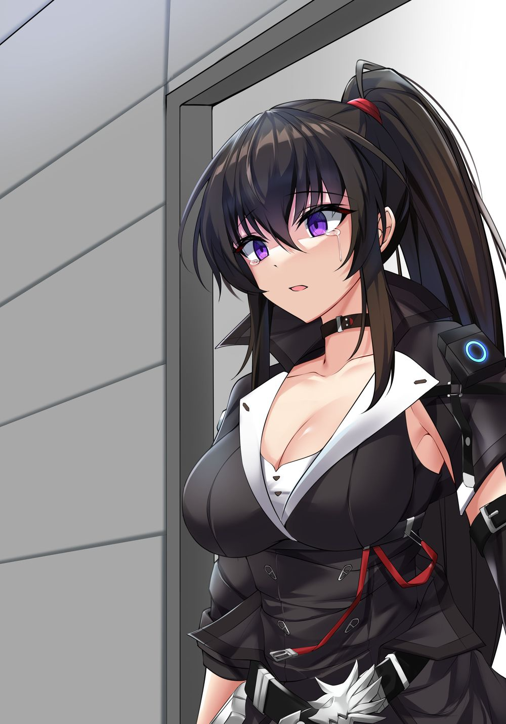 1girl, arm_belt, awakened_yoo_mina_(counter:side), belt, belt_collar, black_belt, black_capelet, breasts