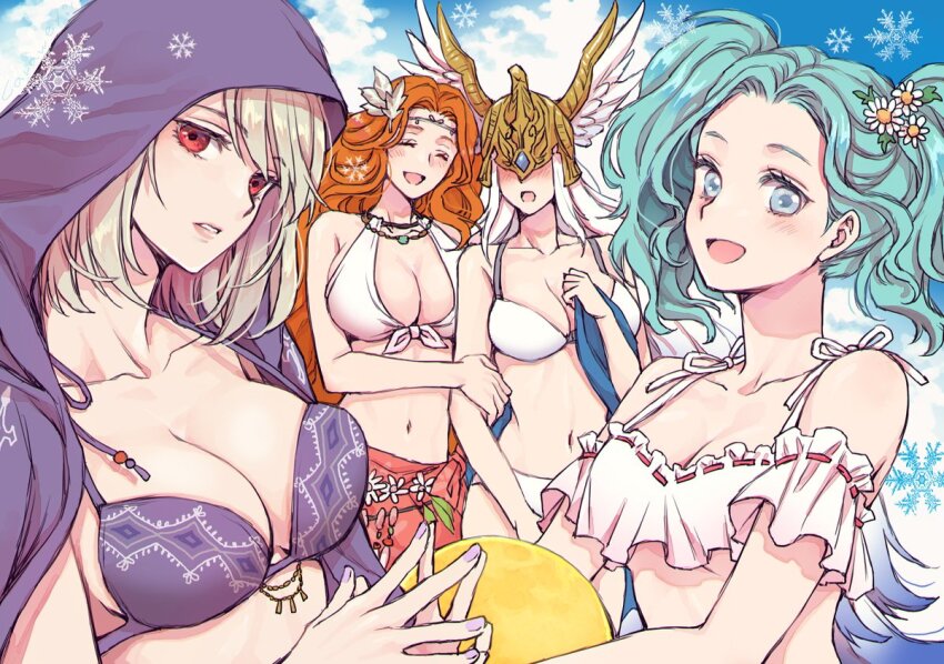 4girls, arm_hug, blue_hair, breasts, circlet, cleavage, final_fantasy, final_fantasy_xiv, flower, green_eyes, grey_hair, hair_flower, hair_ornament, halone, helmet, hood, jewelry, large_breasts, menphina, multiple_girls, necklace, nophica, nymeia, orange_hair, red_eyes, reitomo, twintails, white_hair, winged_helmet