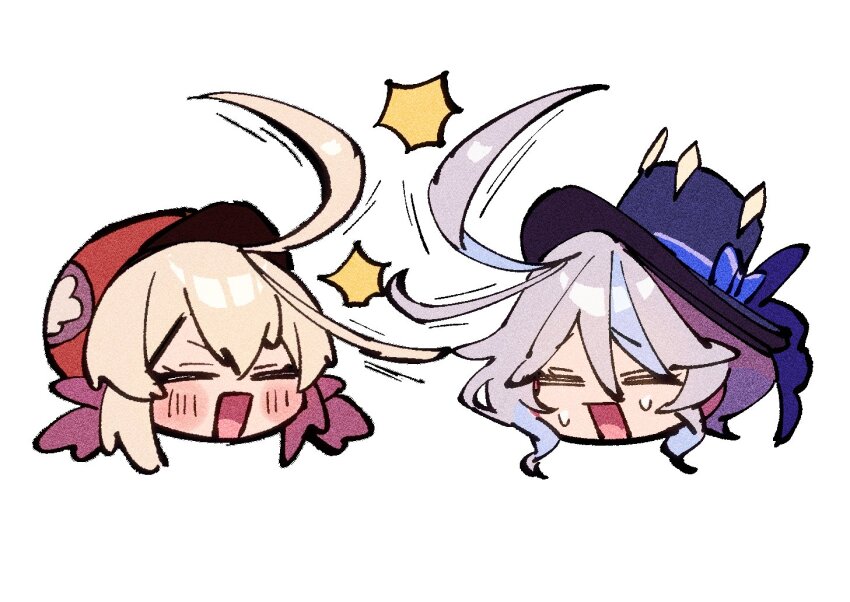 2girls, ahoge, blonde_hair, blue_hair, blue_hat, newsboy_cap, furina_(genshin_impact), genshin_impact