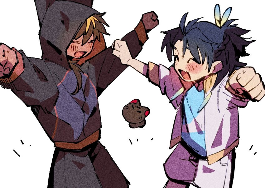 2boys, arms_up, black_hair, black_jacket, black_shorts, blue_shirt, braid, breasts