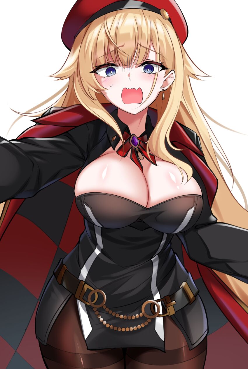 1girl, absurdres, belt, beret, black_coat, black_dress, black_pantyhose, blonde_hair, blunt_bangs, blush, breasts, bright_pupils, brooch, checkered_clothes, cleavage, cleavage_cutout, clothing_cutout, coat, coat_on_shoulders, collared_coat, commentary, counter:side, cowboy_shot, dress, earrings, elze_(s01047480836), flipped_hair, furrowed_brow, gambler_(counter:side), hair_behind_ear, hat, highres, jewelry, large_breasts, long_hair, long_sleeves, looking_at_viewer, looking_down, neck_ribbon, open_mouth, pantyhose, purple_eyes, raised_eyebrows, red_hat, red_ribbon, ribbon, scared, short_dress, single_earring, single_sidelock, solo, standing, sweatdrop, very_long_hair, wavy_mouth, white_background, white_pupils, wide_hips