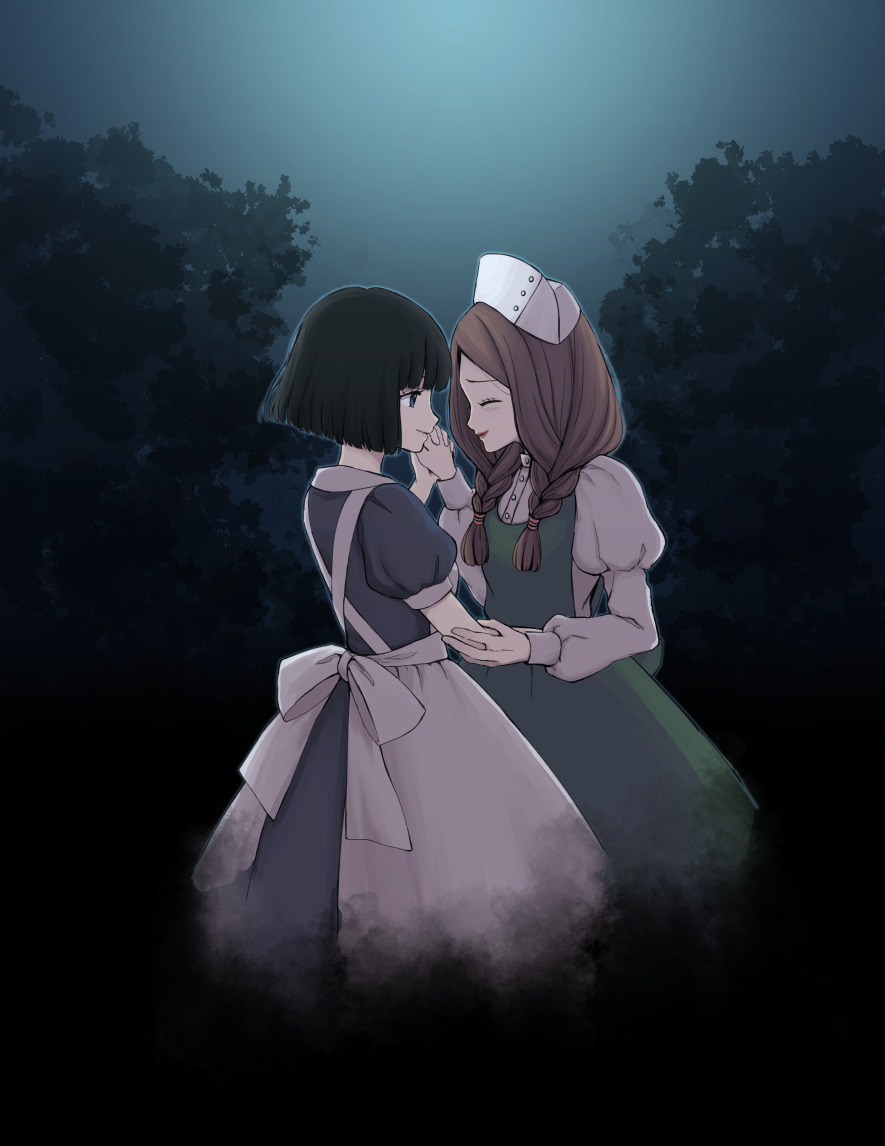 2girls, apron, aya_drevis, black_hair, bob_cut, bow, braid, brown_hair