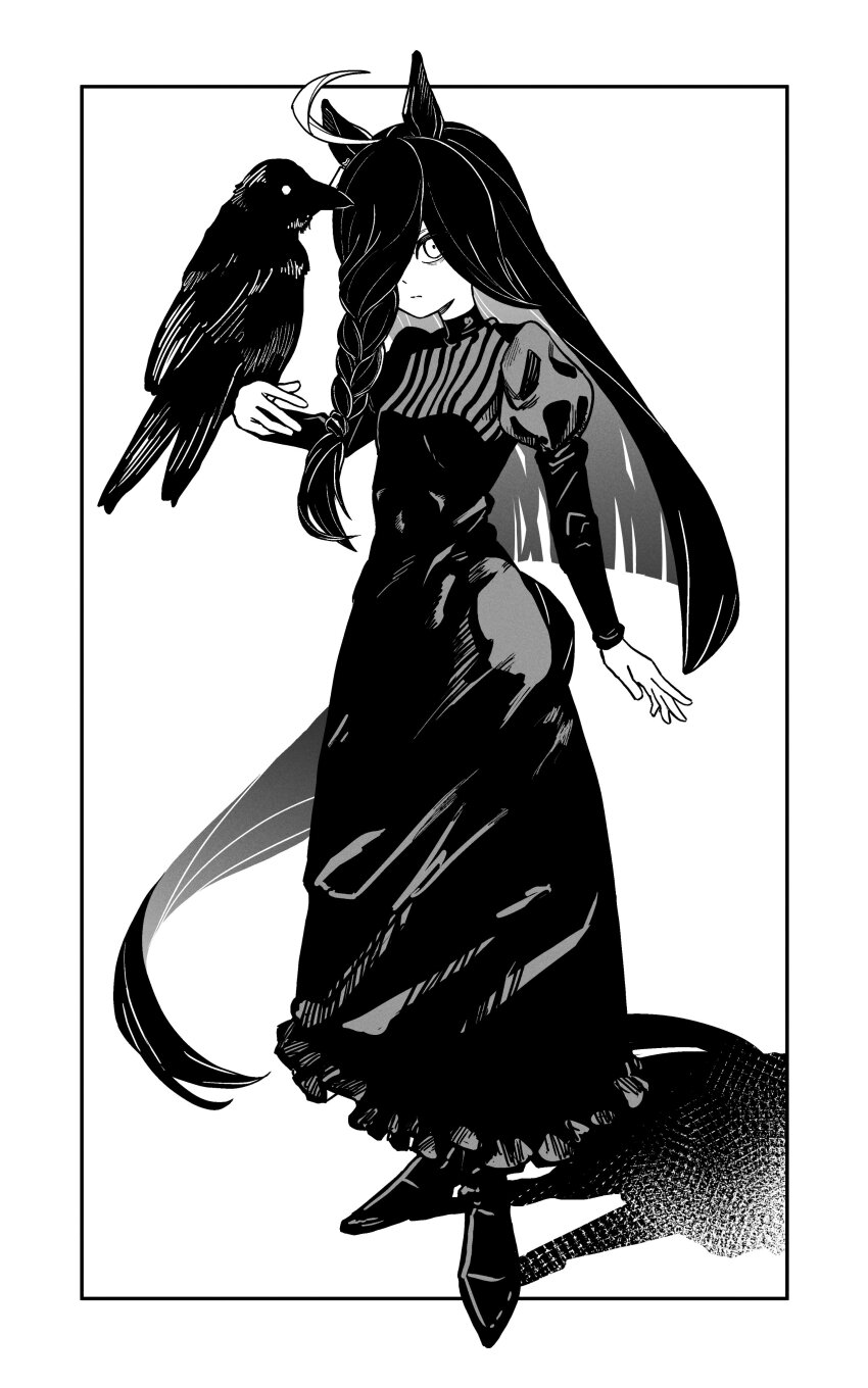 1girl, absurdres, bird, bird_on_hand, black_dress, black_shoes, closed_mouth, commentary_request