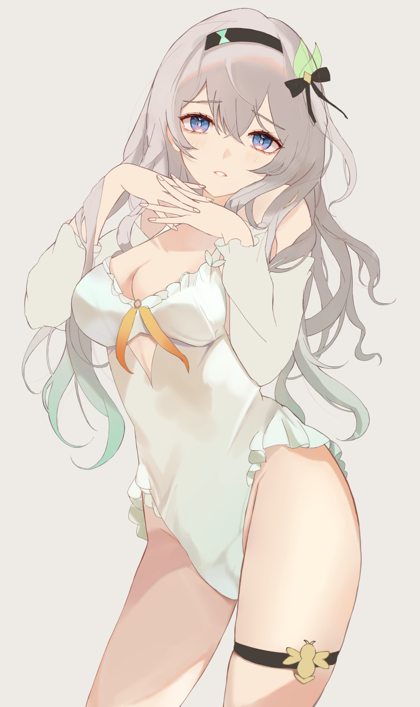 1girl, absurdres, black_hairband, breasts, cleavage, cowboy_shot, detached_sleeves, firefly_(honkai:_star_rail)