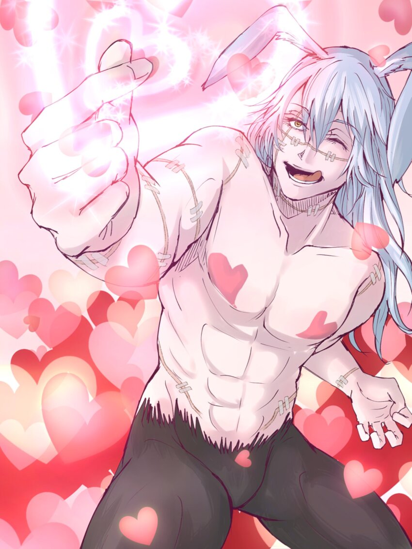 1boy, :p, abs, animal_ears, blue_hair, closed_eyes, cosplay, eyelashes