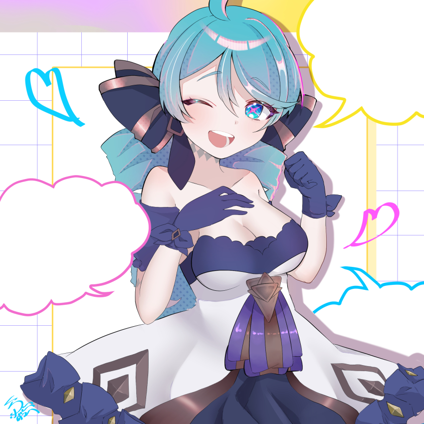 1girl, ;d, ahoge, black_bow, bow, breasts, cleavage, cowboy_shot