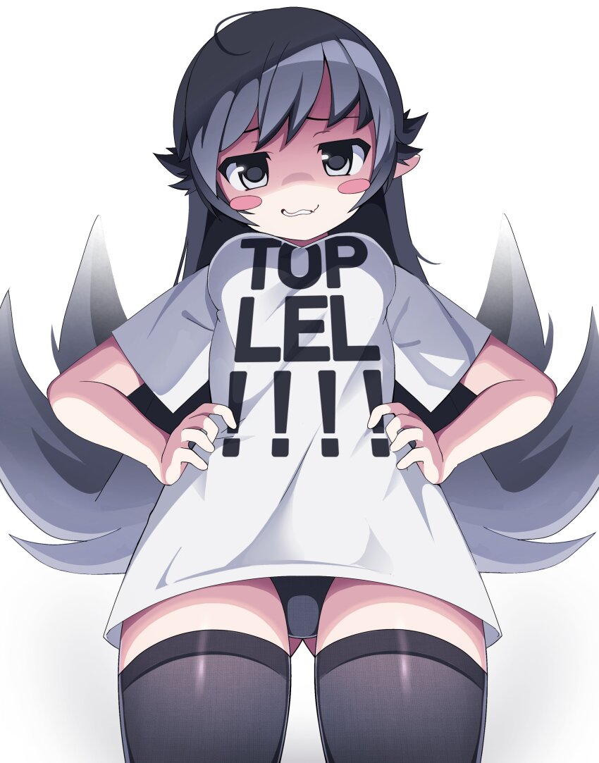 1girl, absurdres, ahoge, black_eyes, black_hair, black_panties, black_thighhighs, blush_stickers, breasts, clothes_writing, commentary, english_commentary, from_below, hands_on_own_hips, highres, large_breasts, long_hair, looking_at_viewer, onukogirl, oppai_loli, original, panties, shaded_face, shirt, simple_background, smug, solo, teeth, thighhighs, thighs, underwear, very_long_hair, wavy_mouth, white_background, white_shirt