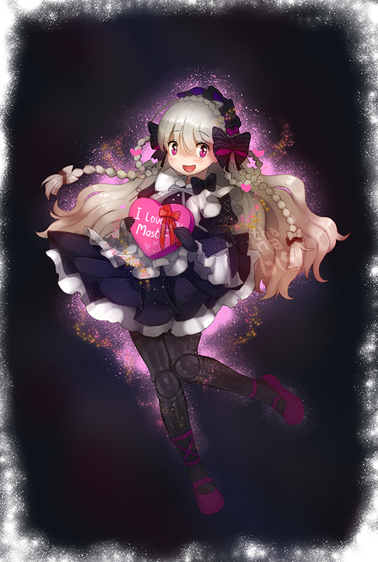 1girl, black_gloves, black_pantyhose, black_ribbon, blonde_hair, braid, doll_joints, dress, english_text, fate/grand_order, fate_(series), frilled_dress, frilled_sleeves, frills, gloves, goth_fashion, happy_valentine, joints, long_hair, magenta_shoes, nursery_rhyme_(fate), pantyhose, ribbon, thanabis, valentine, valentine_present