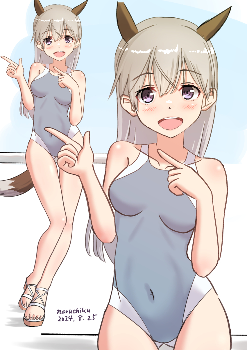1girl, animal_ears, blue_one-piece_swimsuit, blush, breasts, covered_navel, dated, eila_ilmatar_juutilainen
