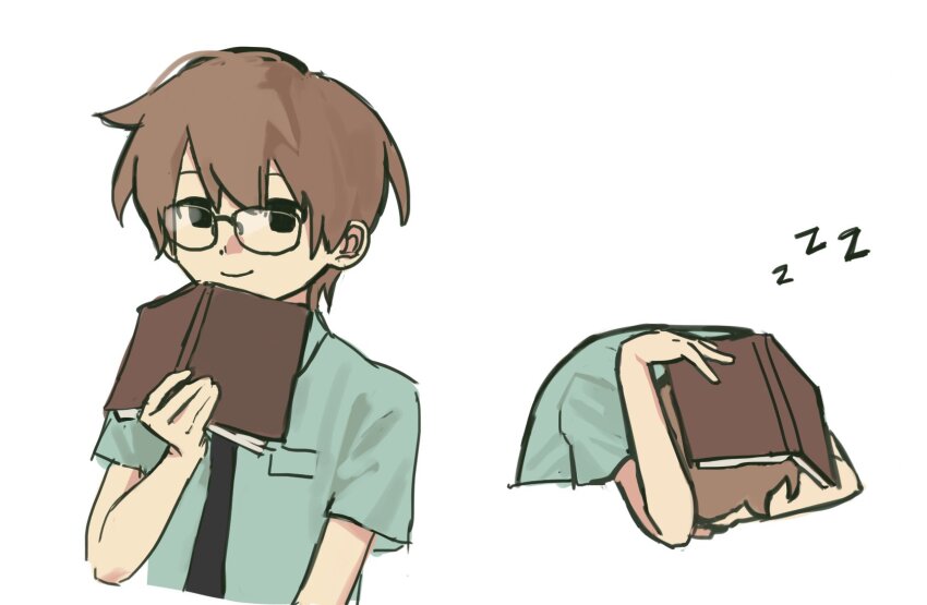 1boy, animification, bespectacled, black_eyes, black_necktie, blue_shirt, book, brown_hair