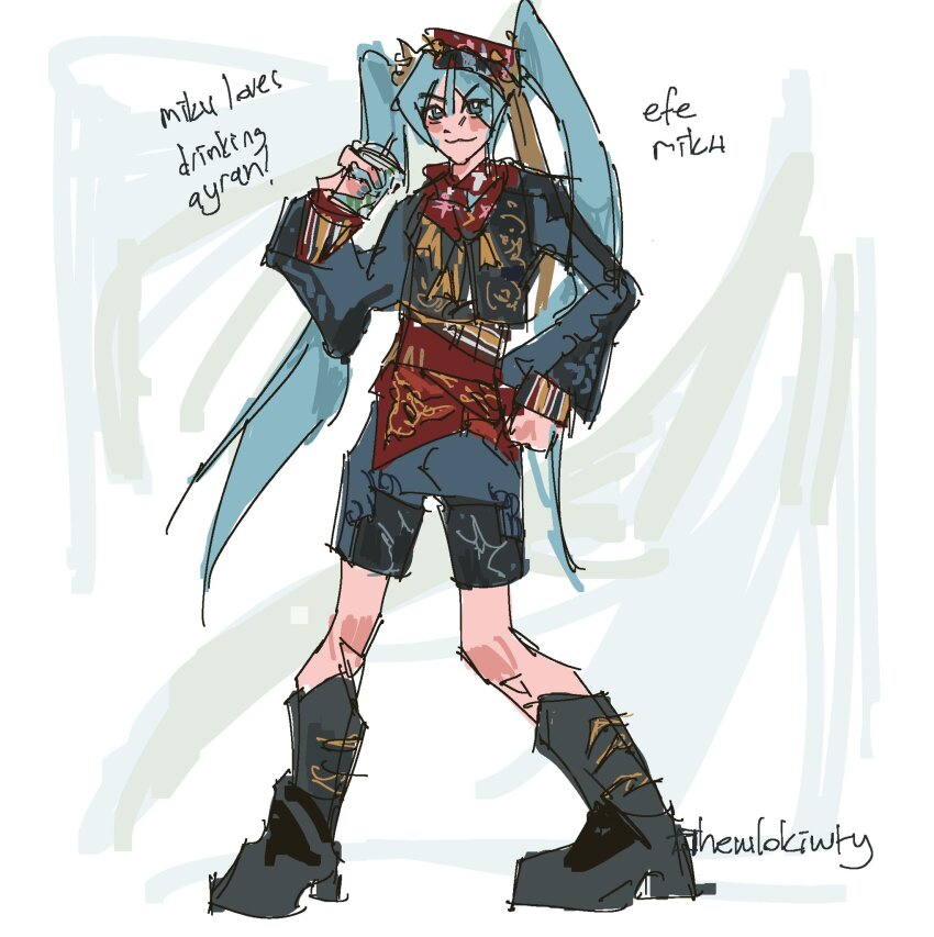 blue_eyes, blue_hair, blue_jacket, blue_shorts, boots, drink, hand_on_own_hip, hat