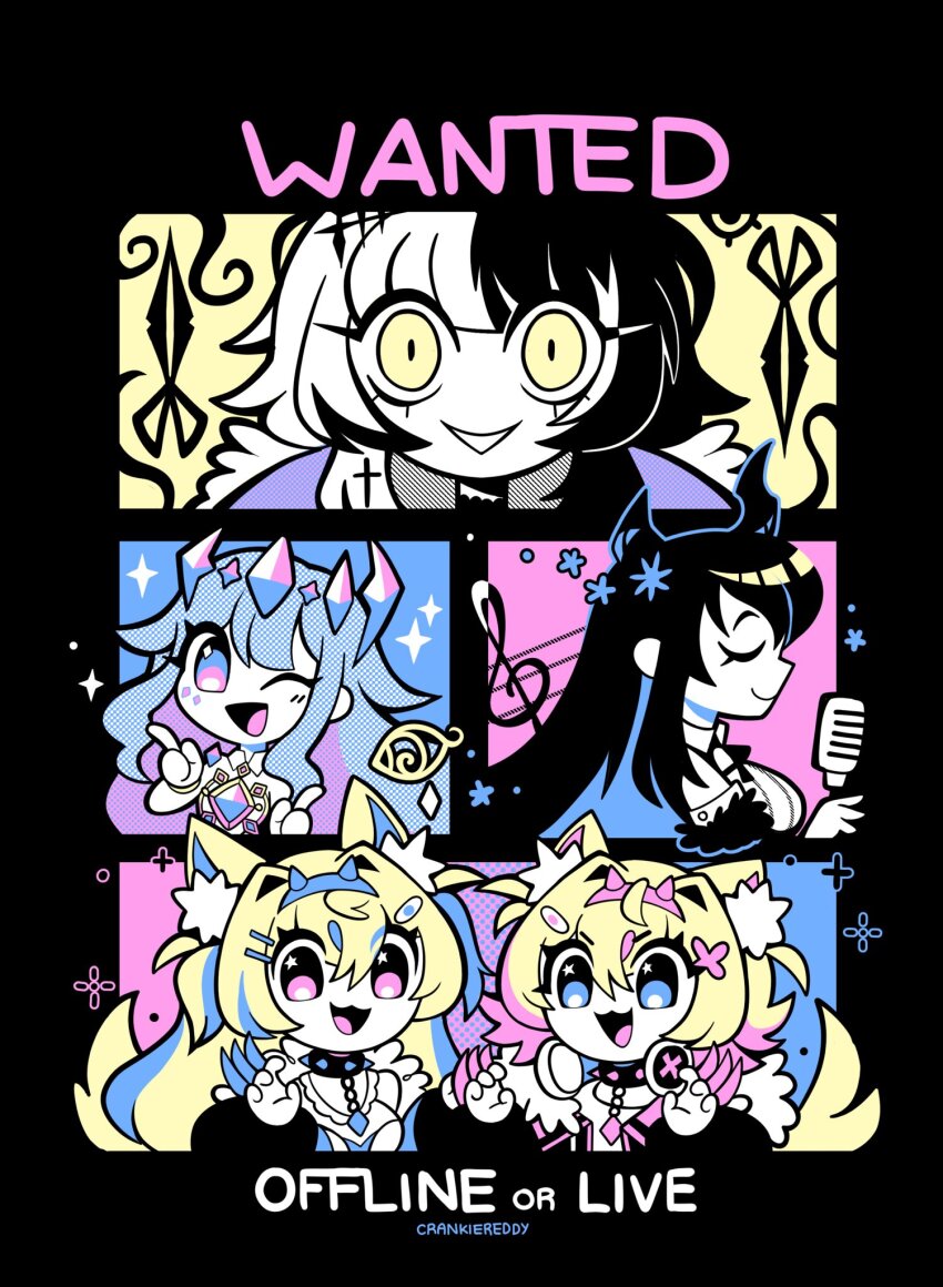 5girls, animal_ears, artist_name, claw_(weapon), claw_pose, collar, crankie, dog_ears, dog_tail, fuwawa_abyssgard, fuwawa_abyssgard_(1st_costume), headphones, headphones_around_neck, highres, holoadvent, hololive, hololive_english, horns, koseki_bijou, koseki_bijou_(1st_costume), long_hair, microphone, mococo_abyssgard, mococo_abyssgard_(1st_costume), multicolored_hair, multiple_girls, nerissa_ravencroft, nerissa_ravencroft_(1st_costume), one_eye_closed, shiori_novella, shiori_novella_(1st_costume), smile, spiked_collar, spikes, split-color_hair, tail, treble_clef, virtual_youtuber, weapon