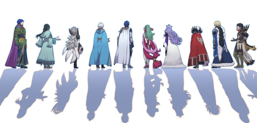 4girls, 6+boys, armor, black_hair, blonde_hair, blue_cape, blue_hair, brown_hair, camilla_(fire_emblem), camilla_(light_of_nohr)_(fire_emblem), cape, chrom_(crowned_exalt)_(fire_emblem), chrom_(fire_emblem), claude_von_riegan, cosplay, dimitri_alexandre_blaiddyd, edelgard_von_hresvelg, emblem_(fire_emblem_engage), fire_emblem, fire_emblem:_radiant_dawn, fire_emblem:_the_blazing_blade, fire_emblem:_three_houses, fire_emblem_awakening, fire_emblem_fates, fire_emblem_heroes, from_behind, fur_cape, green_hair, hector_(brave_warrior)_(fire_emblem), hector_(fire_emblem), highres, male_robin_(exalt's_deliverer)_(fire_emblem), male_robin_(fire_emblem), multiple_boys, multiple_girls, nintendo, purple_cape, purple_hair, red_cape, shadow, simple_background, soren_(fire_emblem), soren_(radiant_confidant)_(fire_emblem), tiki_(adult)_(fated_divinity)_(fire_emblem), tiki_(adult)_(fire_emblem), tiki_(fire_emblem), uther_(fire_emblem), uther_(fire_emblem)_(cosplay), veronica_(brave_princess)_(fire_emblem), veronica_(fire_emblem), white_background, white_hair, zuzu_(ywpd8853)