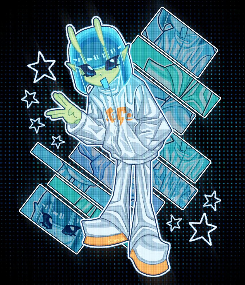 1girl, absurdres, alien, allie_(nicuoi), antennae, black_background, blue_eyes, blue_hair