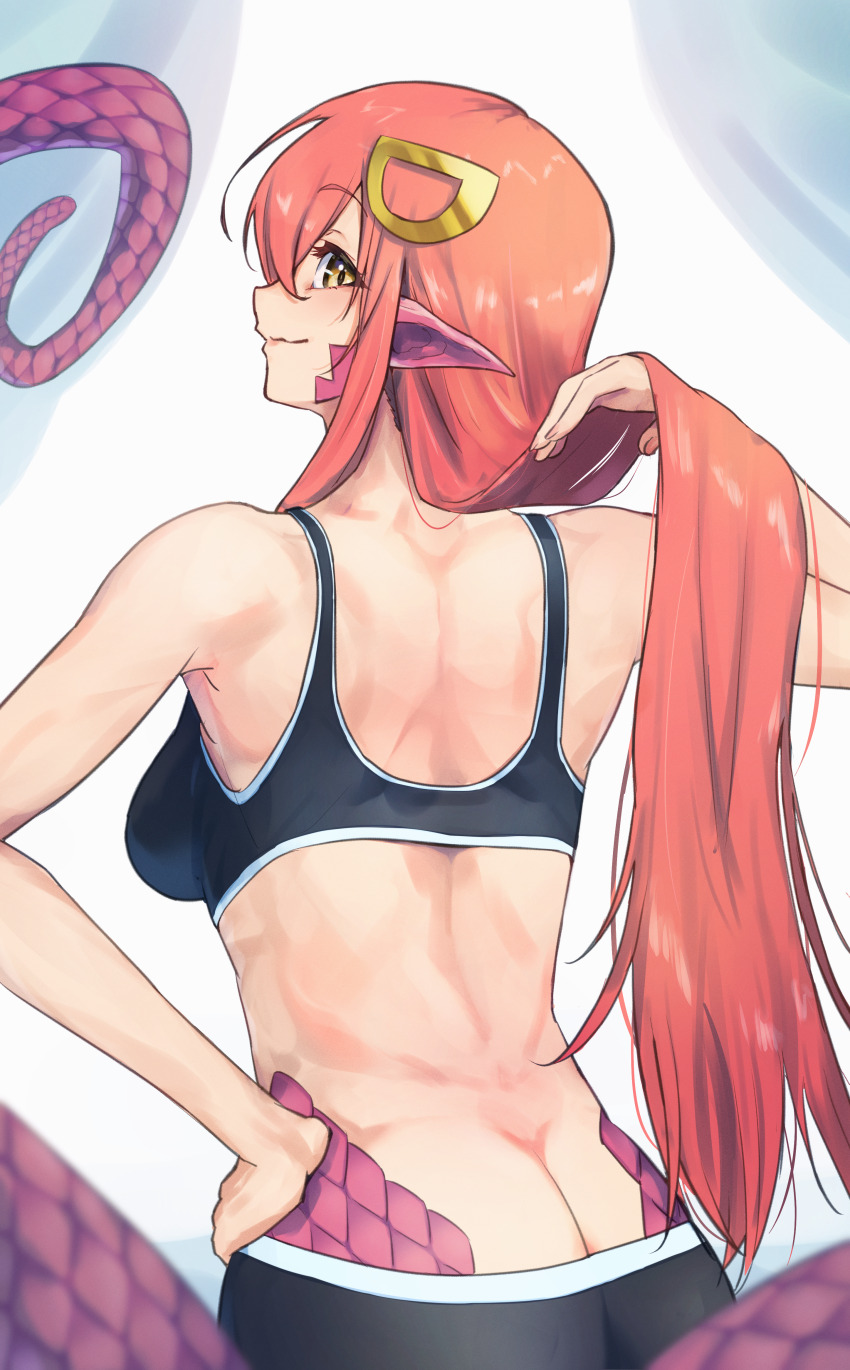 1girl, absurdres, ass, bare_shoulders, butt_crack, commission, commissioner_upload, fingernails, from_behind, hair_between_eyes, hair_lift, hair_ornament, hand_on_own_hip, harakomeshi, highres, lamia, light_smile, long_hair, looking_at_viewer, looking_back, miia_(monster_musume), monster_girl, monster_musume_no_iru_nichijou, non-web_source, pointy_ears, red_hair, scales, skeb_commission, slit_pupils, smile, solo, sports_bra, sportswear, straight_hair, very_long_hair, yellow_eyes