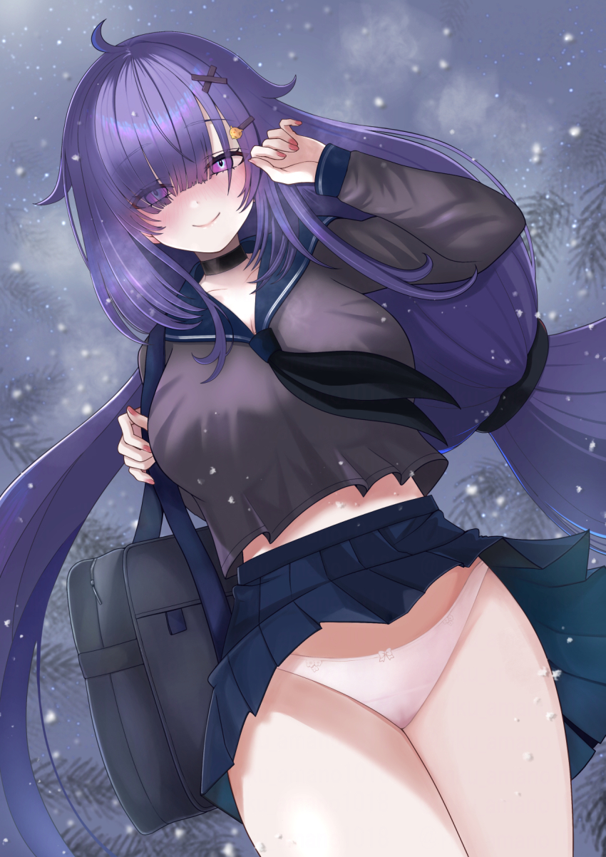 1girl, alternate_costume, azur_lane, bag, black_choker, black_serafuku, black_skirt, breasts, choker, commission, dutch_angle, eyes_visible_through_hair, hair_ornament, highres, large_breasts, long_hair, long_sleeves, looking_at_viewer, miniskirt, mogador_(azur_lane), panties, pantyshot, pixiv_commission, pleated_skirt, purple_eyes, purple_hair, riku_amano1018, school_bag, school_uniform, serafuku, skirt, snowing, solo, underwear, very_long_hair, white_panties, winter, x_hair_ornament