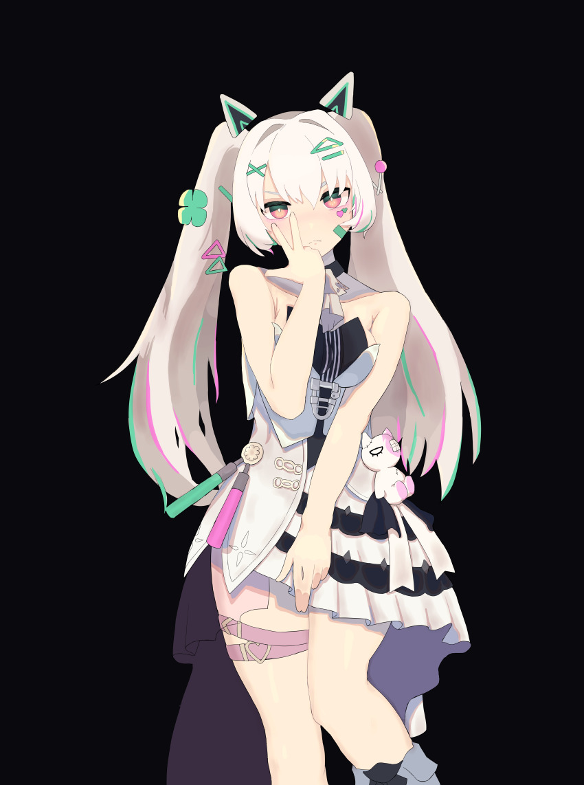 1girl, absurdres, animal_ears, ascot, bare_arms, black_background, black_choker, cat_ears