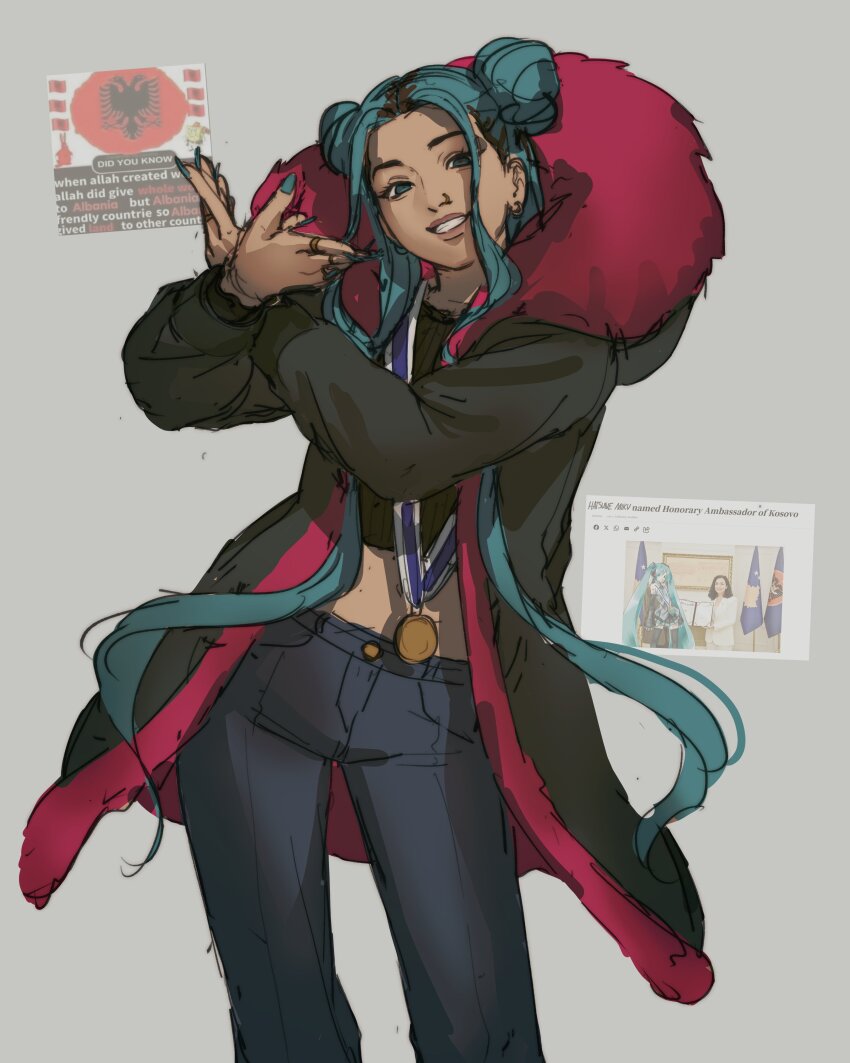 1girl, 2girls, absurdres, albanian_flag, aqua_eyes, aqua_hair, cosplay, crossed_hands, denim, era_istrefi, era_istrefi_(cosplay), hatsune_miku, highres, jacket, jeans, kosovo, long_hair, long_sleeves, looking_at_viewer, medal, multiple_girls, nail_polish, pants, photo_(object), real_life, seraph_(sera_phiel), simple_background, smile, solo, tagme, twintails, vocaloid, worldwide_miku