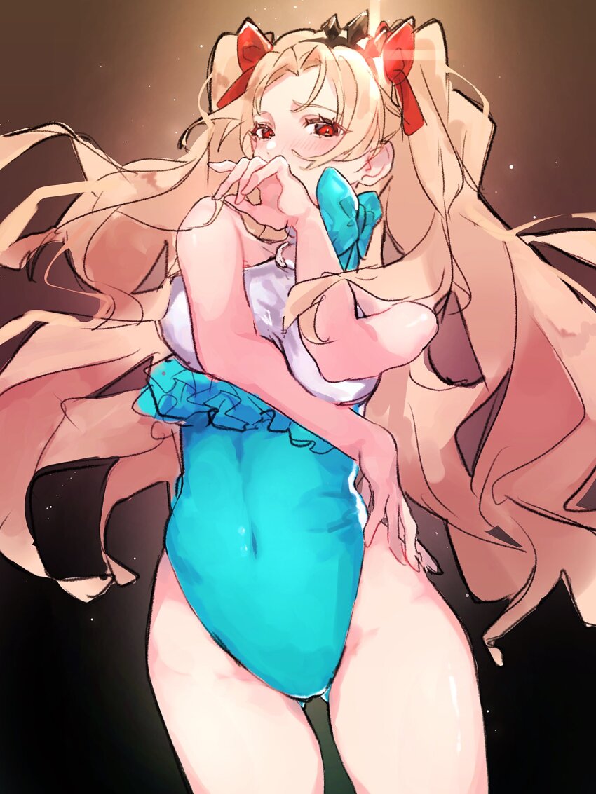 black_tiara, blonde_hair, blue_ribbon, blush, covering_own_mouth, curtained_hair, ereshkigal_(fate), fate/grand_order