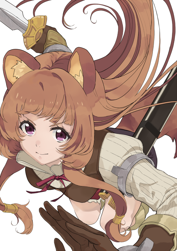 1girl, animal_ear_fluff, animal_ears, arm_cuffs, armor, black_dress, boots, breastplate, breasts, brown_goggles, brown_hair, closed_mouth, commentary_request, dress, elbow_gloves, floating_hair, full_body, gloves, holding, holding_sword, holding_weapon, incoming_attack, long_hair, long_sleeves, looking_at_viewer, medium_breasts, multicolored_dress, neck_ribbon, purple_eyes, raccoon_ears, raccoon_girl, raccoon_tail, raphtalia, red_dress, red_ribbon, ribbon, sheath, simple_background, solo, sword, tail, tate_no_yuusha_no_nariagari, thigh_boots, unsheathed, weapon, white_background, white_dress, yodarekaketati