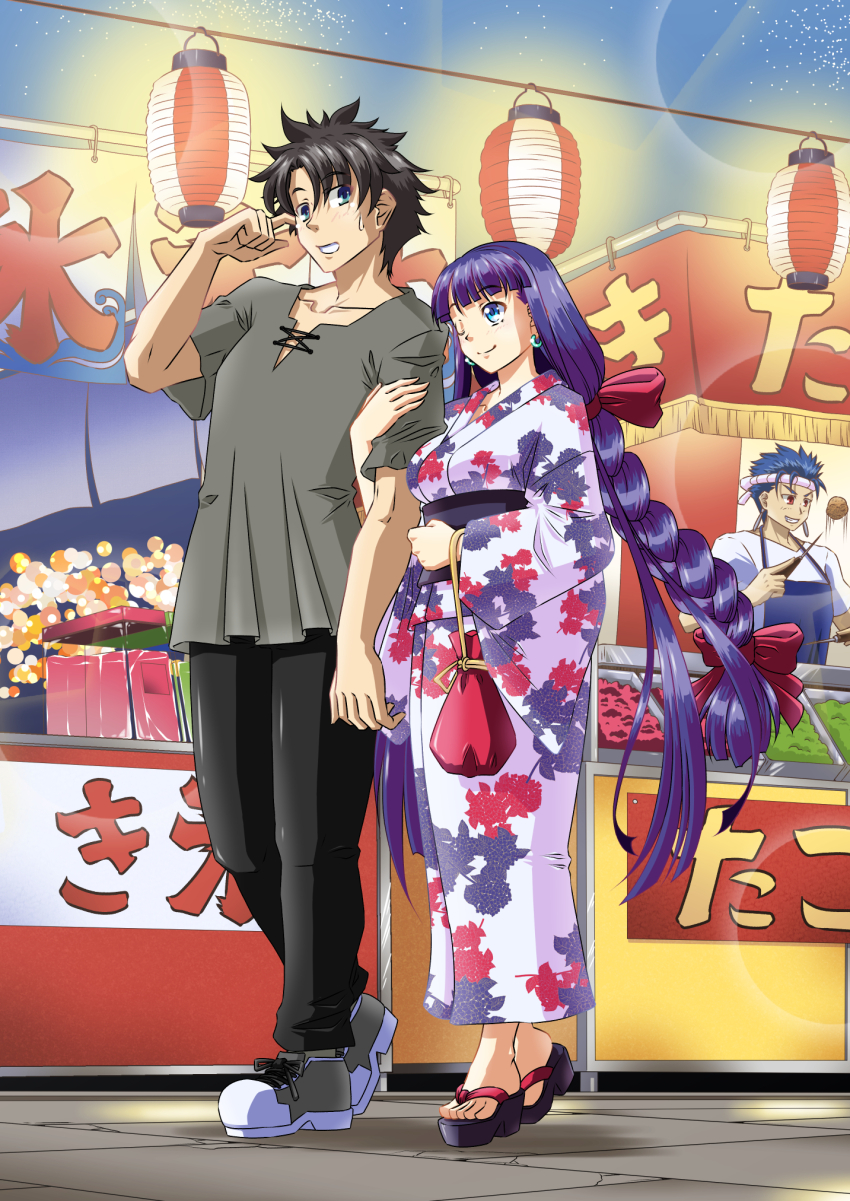 1girl, 2boys, arm_hug, back_hair, black_pants, blue_eyes, bow, braid