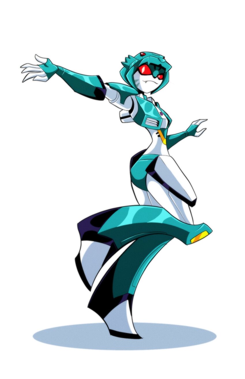 1girl, colored_skin, decepticon, fang, helmet, highres, humanoid_robot, insignia, lyzack, mecha, red_eyes, robot, robot_girl, simple_background, solo, thechromatroid, transformers, transformers:_animated, white_background, white_skin