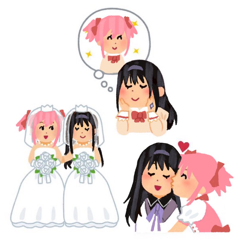 2girls, akemi_homura, akemi_homura_(magical_girl), black_hair, bridal_veil, closed_eyes, dress, female_focus