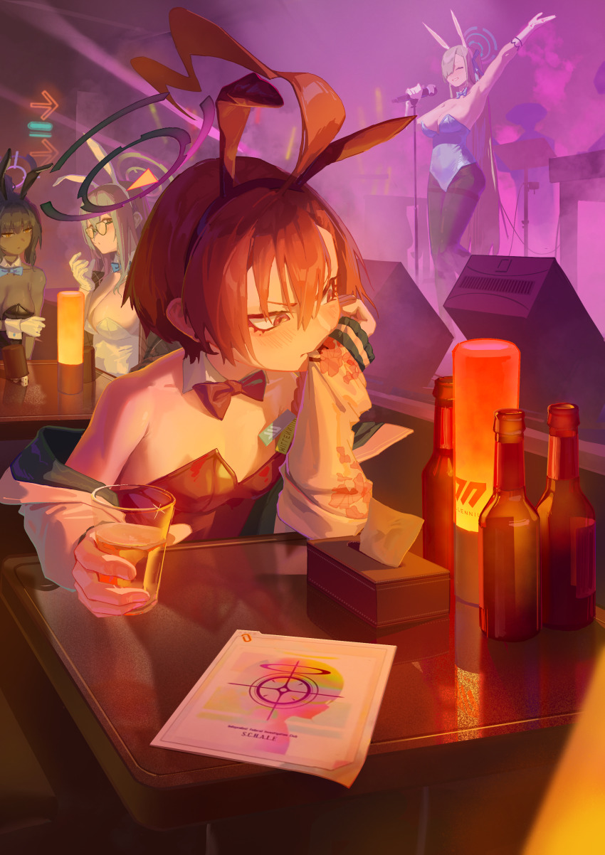 4girls, absurdres, ahoge, akane_(blue_archive), akane_(bunny)_(blue_archive), alcohol, animal_ears, aqua_leotard, arm_up, asuna_(blue_archive), asuna_(bunny)_(blue_archive), asymmetrical_bangs, bar_(place), black_hair, black_leotard, blue_archive, blue_bow, blue_bowtie, blue_leotard, bottle, bow, bowtie, braid, breasts, cleavage, cup, dark-skinned_female, dark_skin, detached_collar, dice, drinking_glass, fake_animal_ears, fried_frog, glasses, gloves, hair_over_one_eye, halo, hand_on_own_cheek, hand_on_own_face, highleg, highleg_leotard, highres, holding, holding_cup, jacket, karin_(blue_archive), karin_(bunny)_(blue_archive), large_breasts, leotard, light_brown_hair, long_hair, microphone, mole, mole_under_eye, multiple_girls, neon_sign, neru_(blue_archive), neru_(bunny)_(blue_archive), official_alternate_costume, oversized_breast_cup, pantyhose, playboy_bunny, print_jacket, rabbit_ears, recruitment_(blue_archive), red_bow, red_bowtie, red_eyes, red_leotard, sitting, small_breasts, stage, strapless, strapless_leotard, sukajan, thighband_pantyhose, tissue_box, white_gloves, white_leotard, yellow_eyes
