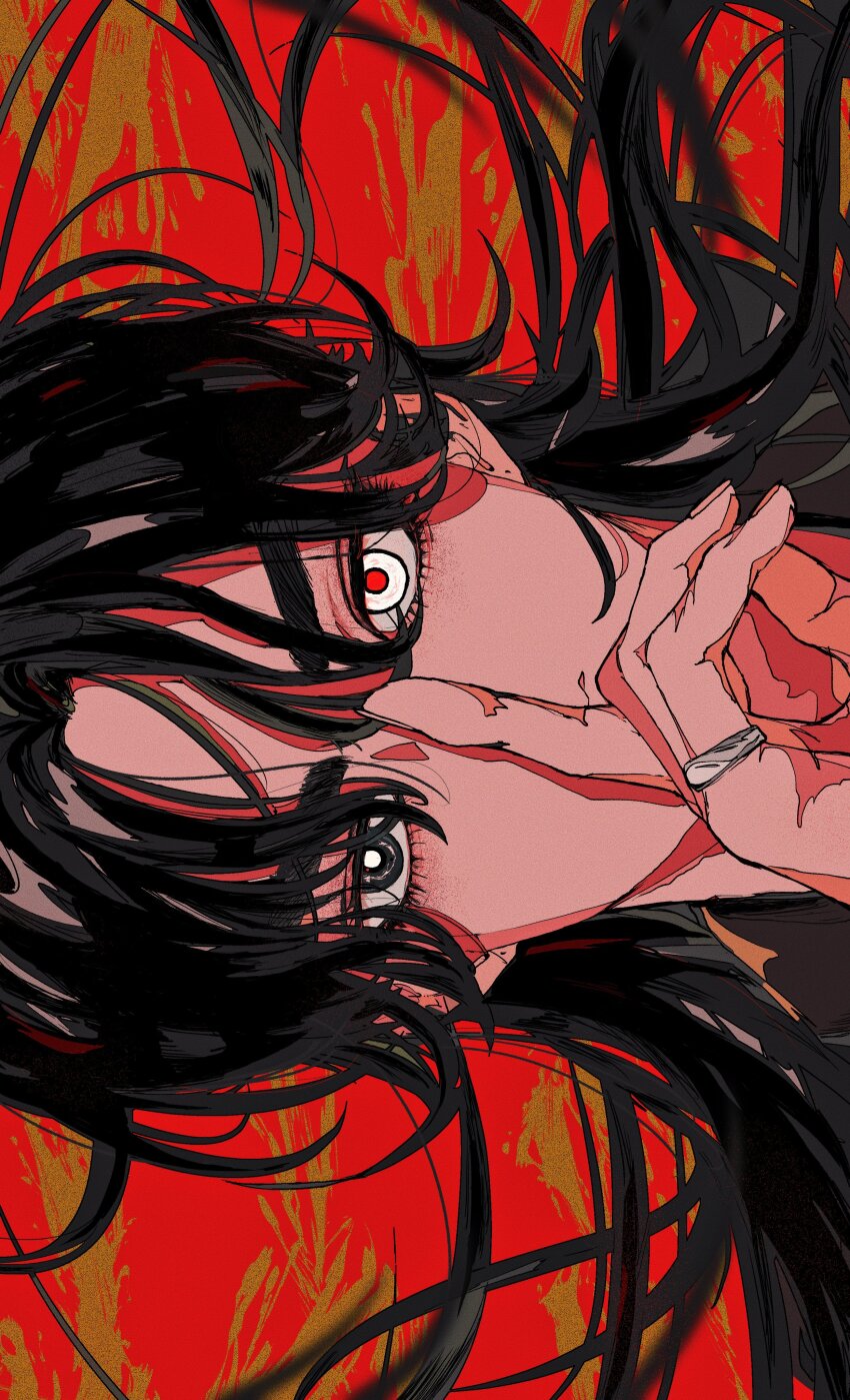 1boy, absurdres, black_eyes, black_hair, close-up, commentary, covered_mouth, eyelashes, hair_between_eyes, highres, jewelry, k-pop, kiastimiu, long_hair, looking_at_viewer, male_focus, real_life, red_background, red_eyes, ring, s.coups, seventeen_(group), solo, thick_eyebrows