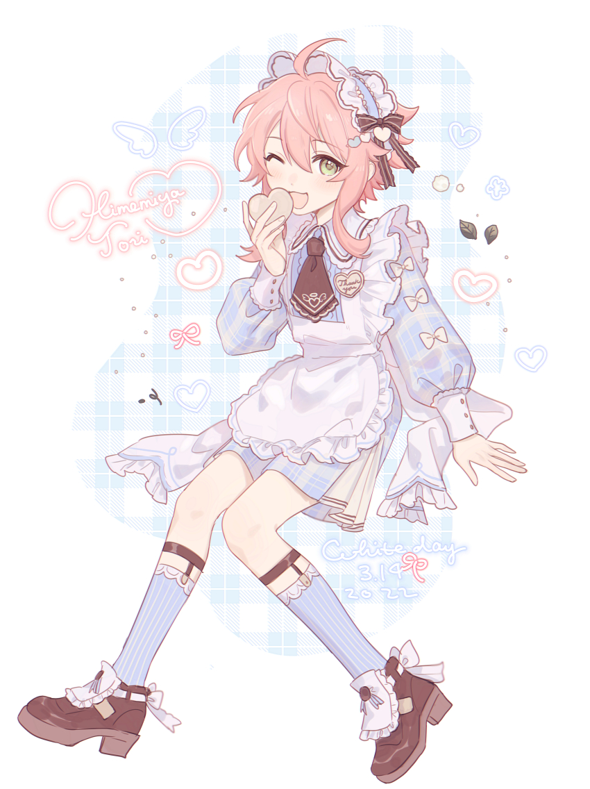 1boy, ;3, absurdres, ahoge, alternate_costume, apron, black_bow, black_footwear