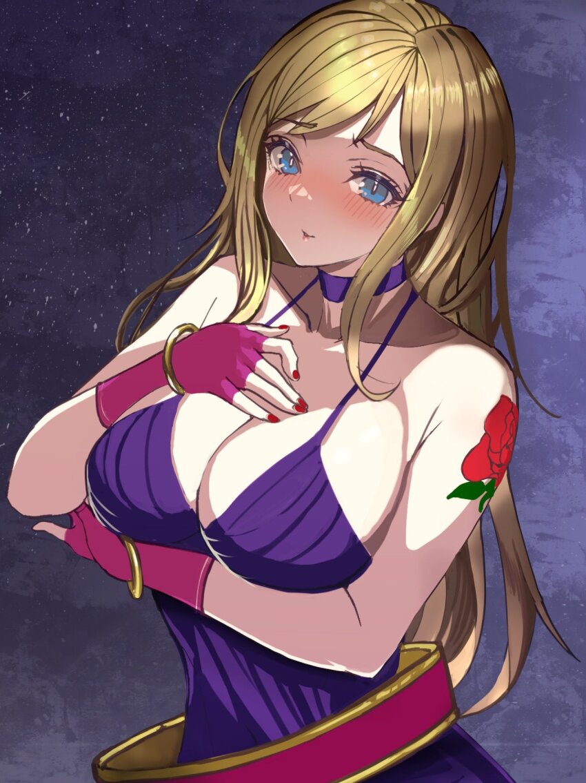 1girl, belt, blonde_hair, blue_eyes, bracelet, breasts, choker, cleavage, collarbone, dress, fatal_fury, fatal_fury:_city_of_the_wolves, fingerless_gloves, garou:_mark_of_the_wolves, gloves, highres, b._jenet, jewelry, large_breasts, long_hair, nail_polish, purple_dress, rokubanana, snk, solo, tattoo, the_king_of_fighters