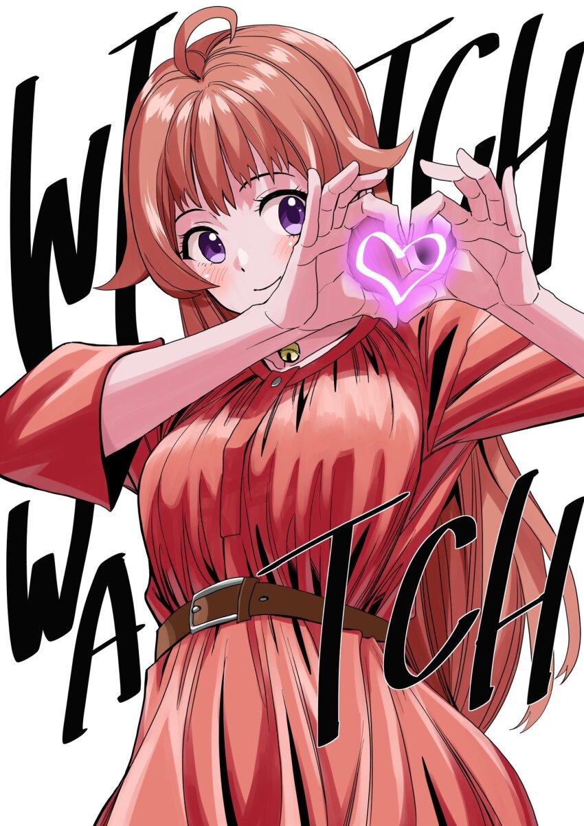 1girl, ahoge, bell, belt, blush, copyright_name, dress, hands_up