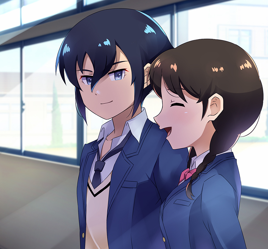 1boy, 1girl, amano_natsume, black_hair, blazer, blue_eyes, blue_jacket, blue_necktie, bow, bowtie, brown_hair, closed_eyes, indoors, jacket, limited_youkai, looking_at_another, necktie, open_clothes, open_jacket, pink_bow, pink_bowtie, sakami_haruya, sakura_middle_school_uniform, school_uniform, smile, sweater, twintails, window, youkai_watch, youkai_watch_shadowside