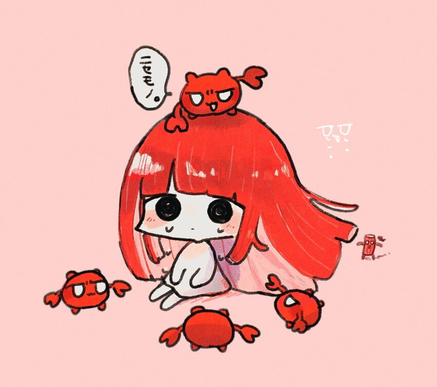 1girl, animal, animal_on_head, black_eyes, chibi, chibi_only, colored_inner_hair, crab