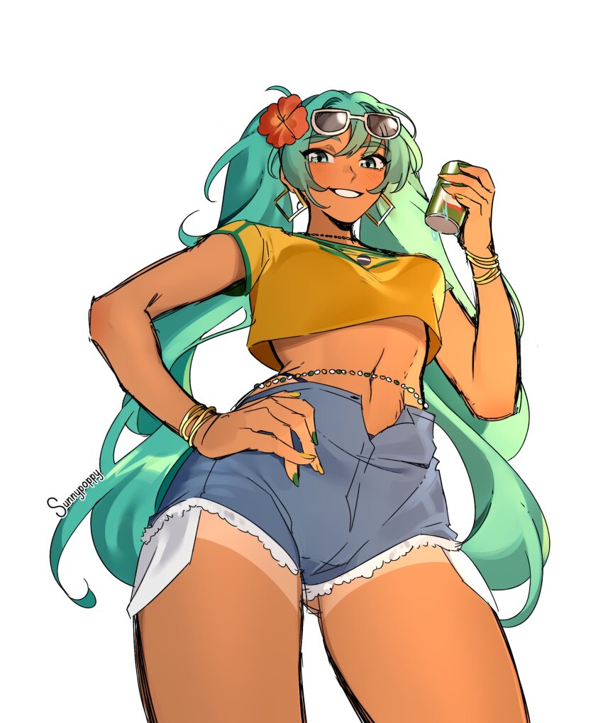 1girl, absurdres, aqua_eyes, aqua_hair, artist_name, bead_choker, beads, belly_chain