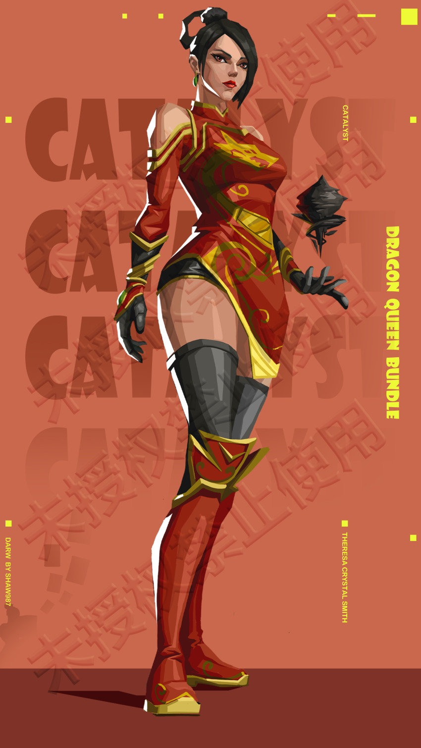 1girl, 800bear, absurdres, adapted_costume, apex_legends, black_gloves, black_hair, black_thighhighs, boots, breasts, brown_eyes, catalyst_(apex_legends), china_dress, chinese_clothes, chinese_commentary, clothing_cutout, dragon_queen_catalyst, dress, earrings, female_focus, gloves, hair_behind_ear, hair_bun, hair_rings, highres, jewelry, medium_breasts, open_hand, orange_background, red_boots, red_dress, red_lips, shadow, shoulder_cutout, single_hair_bun, single_hair_ring, thighhighs