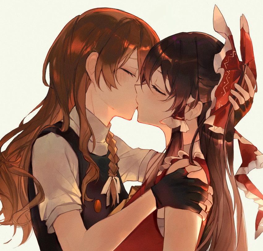 2girls, absurdres, alternate_height, black_gloves, black_hair, black_vest, bow, brown_hair