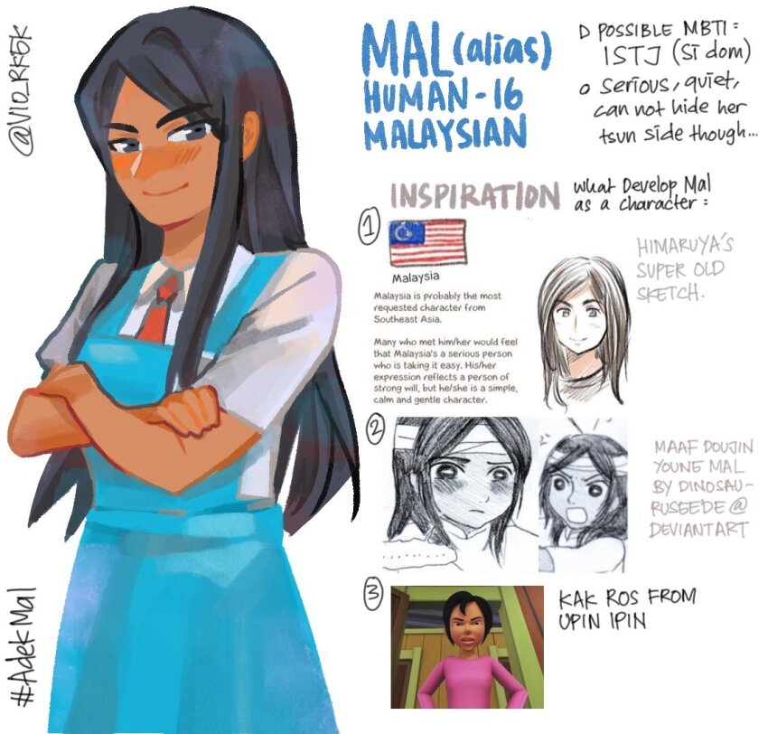 1girl, black_eyes, black_hair, blue_dress, character_name, character_profile, collared_shirt, crescent, crossed_arms, dress, english_text, kak_ros, long_hair, looking_at_viewer, malaysian_flag, malaysian_secondary_school_uniform, necktie, original, parted_bangs, pinafore_dress, red_necktie, school_uniform, shirt, sidelocks, sleeveless, sleeveless_dress, smile, star_and_crescent, upin_&amp;_ipin, vio_(portovio)