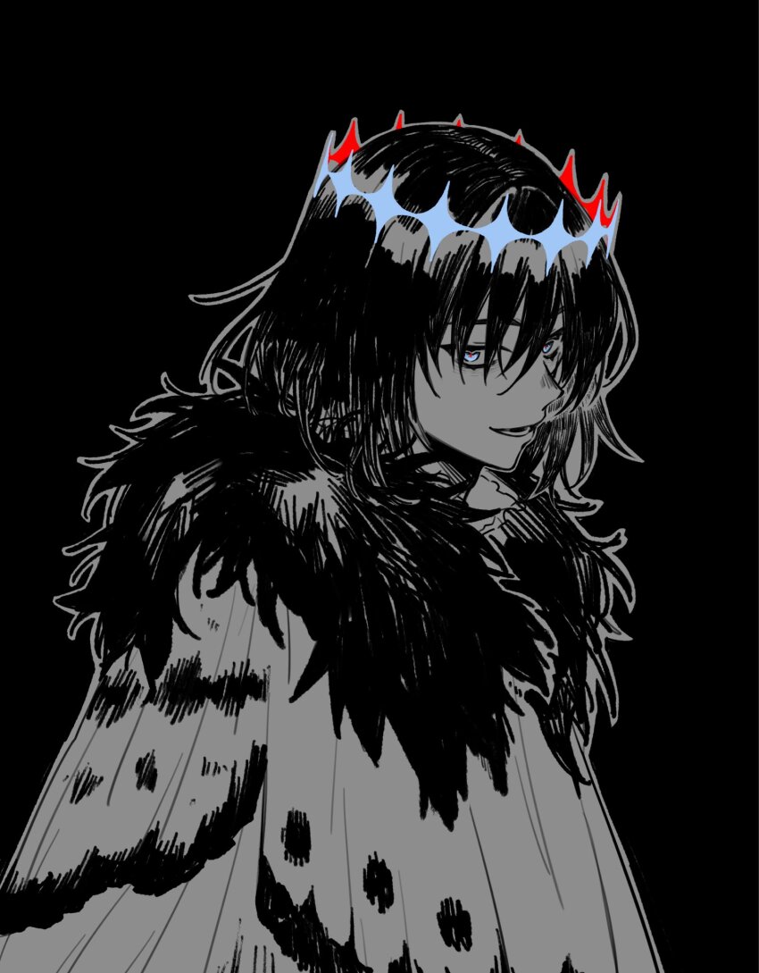 1boy, black_background, black_hair, blue_eyes, class_miner, cloak, crown, fate/grand_order, fate_(series), fur-trimmed_cloak, fur_trim, glowing, glowing_eyes, hair_between_eyes, highres, long_hair_between_eyes, medium_hair, oberon_(fate), oberon_(third_ascension)_(fate), parted_lips, simple_background, solo