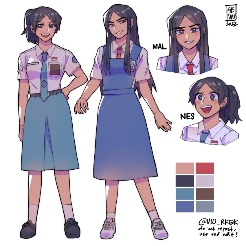 2girls, :d, belt_buckle, black_eyes, black_footwear, black_hair, blue_dress, blue_skirt, buckle, collared_shirt, color_guide, commentary, dress, english_commentary, full_body, grin, highres, indonesian_high_school_uniform, long_hair, malaysian_secondary_school_uniform, medium_skirt, multiple_girls, necktie, open_mouth, original, parted_bangs, pinafore_dress, ponytail, school_uniform, shirt, short_sleeves, sidelocks, skirt, sleeveless, sleeveless_dress, smile, vio_(portovio), white_background, white_footwear, white_shirt