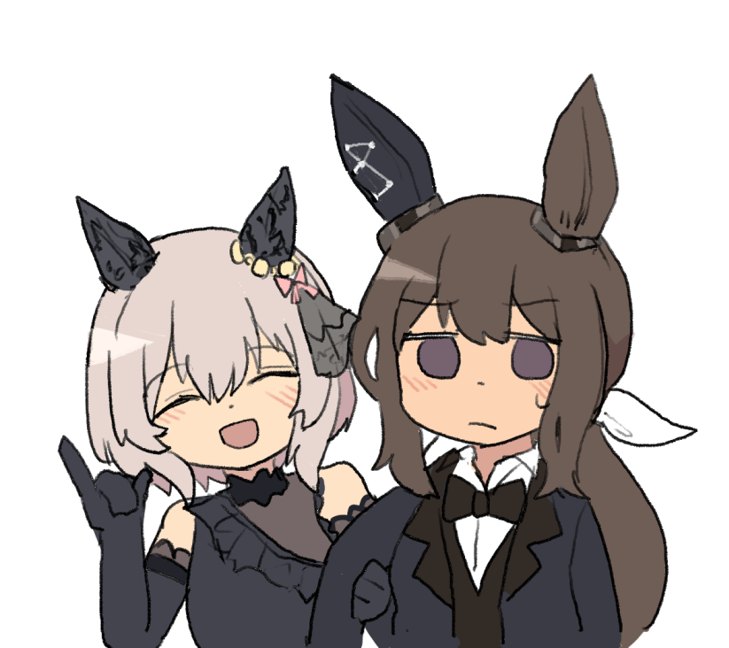 2girls, :d, ^_^, admire_vega_(umamusume), animal_ears, arm_hug, black_bow, black_bowtie