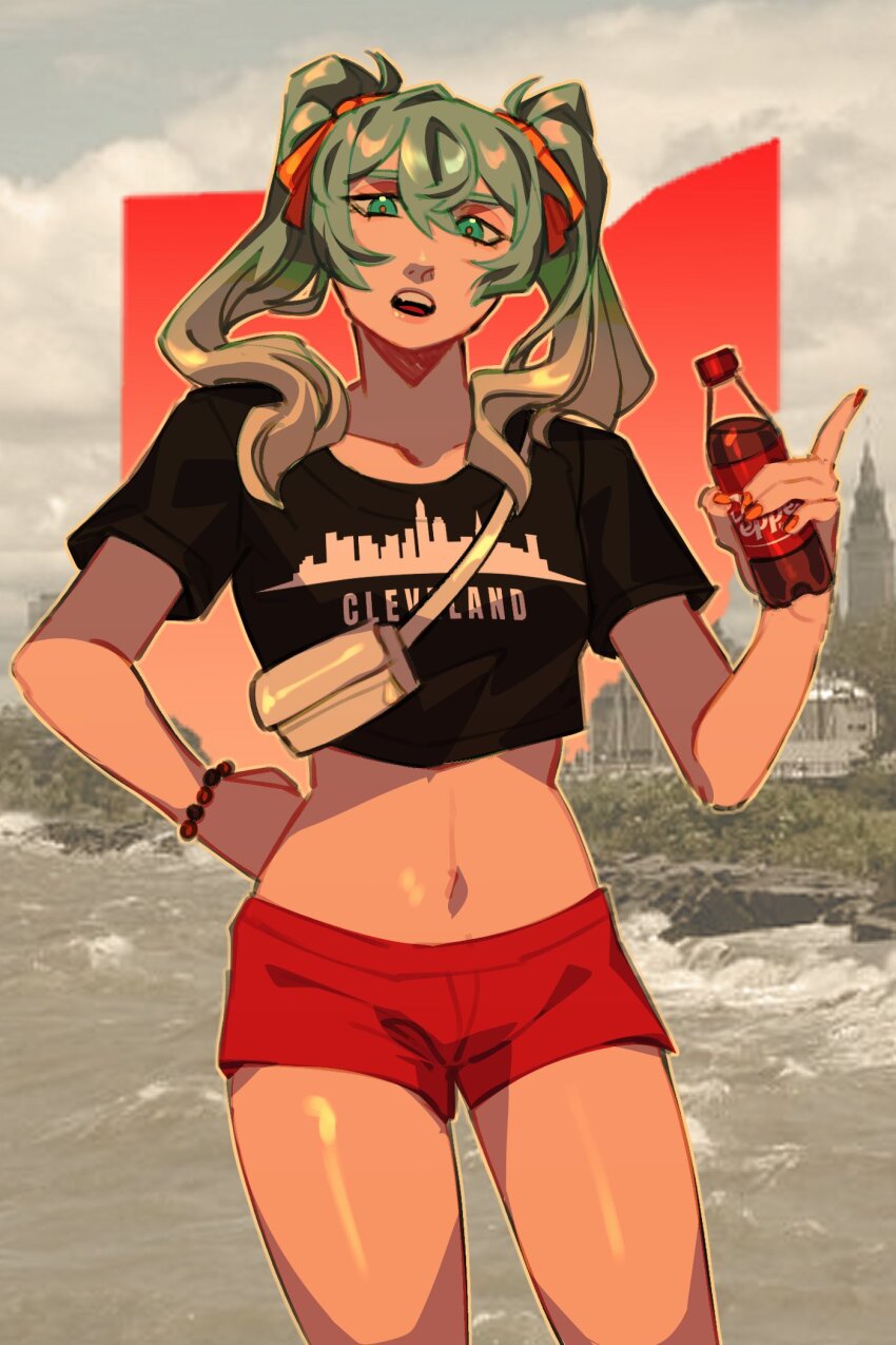 1girl, aqua_eyes, aqua_hair, black_shirt, bottle, bracelet, crocrubies, dr_pepper