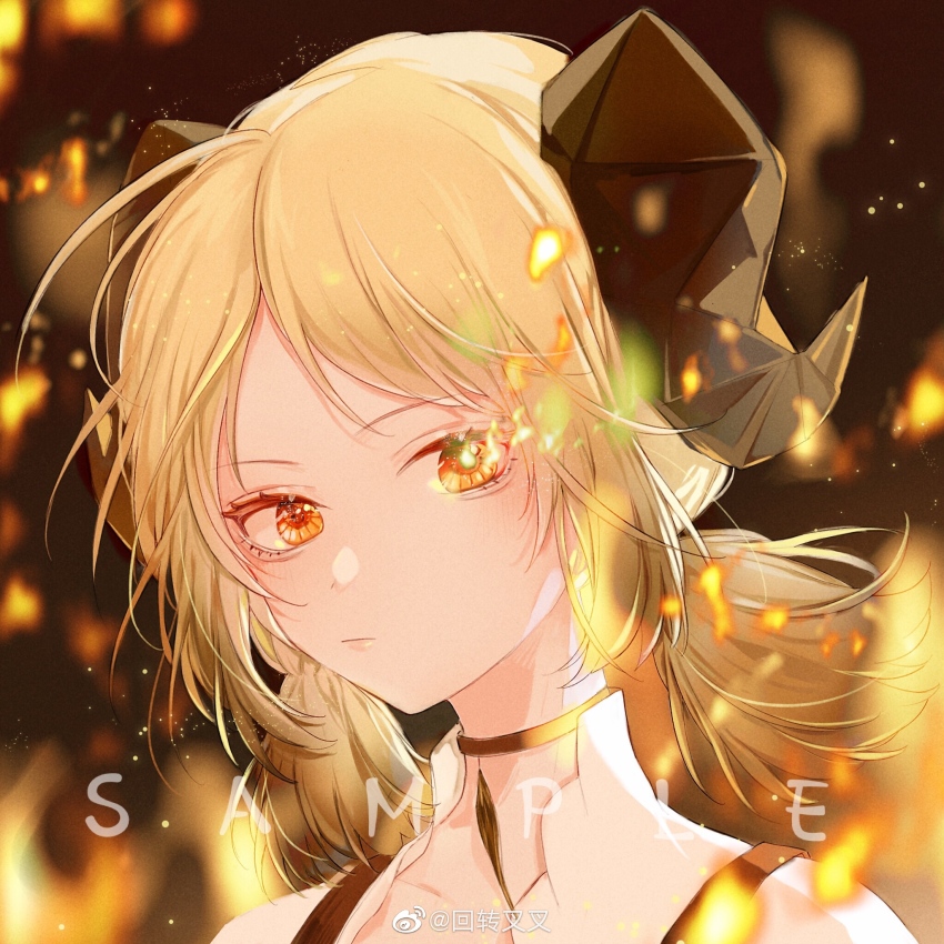 1girl, arknights, black_background, black_choker, black_horns, blonde_hair, blurry, blurry_background, bright_pupils, ccha, chinese_commentary, choker, closed_mouth, collarbone, collared_jacket, commentary_request, demon_horns, dot_nose, embers, eyelashes, fiery_background, fire, flaming_eye, green_pupils, high_collar, highres, horns, ifrit_(arknights), jacket, light_blush, light_frown, looking_at_viewer, low_twintails, mismatched_pupils, neck_tassel, orange_eyes, pink_lips, sample_watermark, short_hair, short_twintails, solo, tassel, twintails, upper_body, watermark, white_jacket